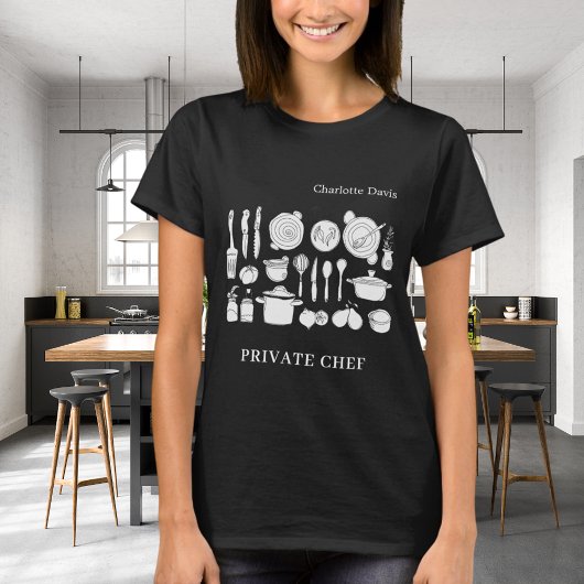 Private chef naam script keukengerei zwart t-shirt
