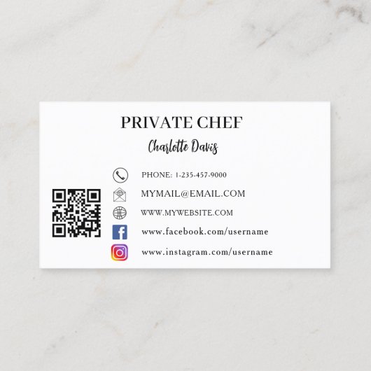 Private chef wit zwart foto catering QR code Visitekaartje (Achterkant)