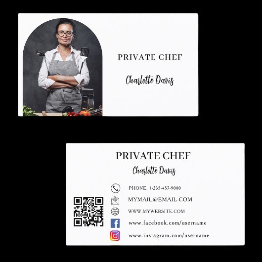 Private chef witte zwarte foto boog QR-code Visitekaartje