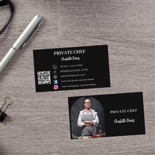 Private chef zwart wit foto boog QR code Visitekaartje