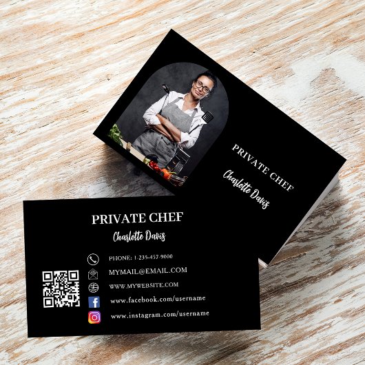 Private chef zwart wit foto boog QR code Visitekaartje