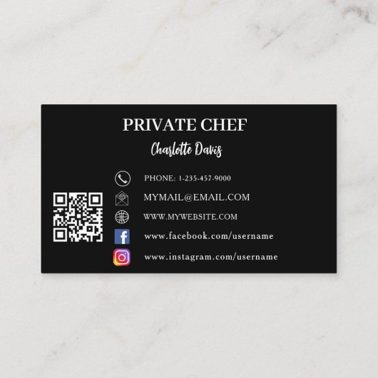 Private chef zwart wit foto boog QR code Visitekaartje (Achterkant)