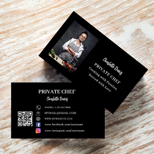 Private chef zwart wit foto slogan liefde QR code Visitekaartje