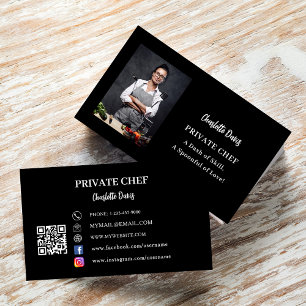 Private chef zwart wit foto slogan QR code Visitekaartje