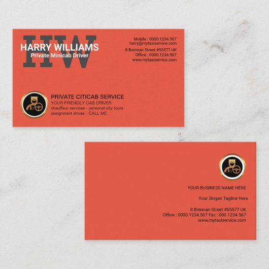 Private Taxi Driver Simple Monogram Taxi Visitekaartje (Voorkant / Achterkant)