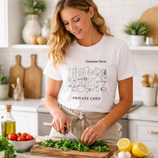 Privé chef naam script keukengerei t-shirt