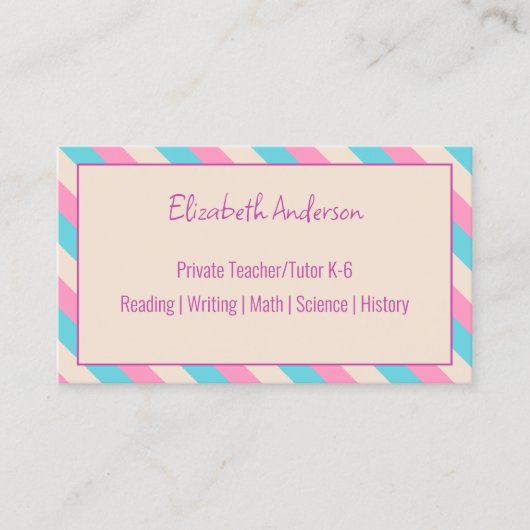 Privé Leraar/Tutor Roze Beige en Blauw Gestreept Visitekaartje (Voorkant)