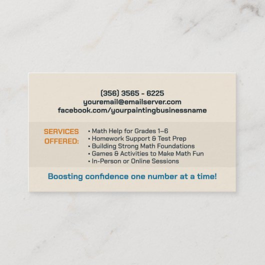 Privé Wiskunde Tutor - Vroege cijfers, elementair Visitekaartje (Achterkant)