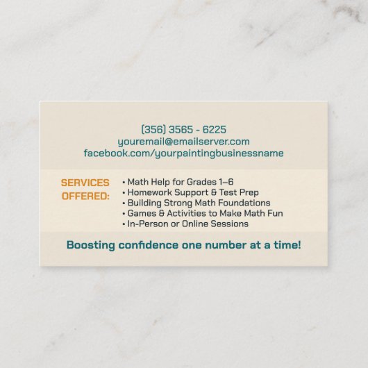 Privé Wiskunde Tutor - Vroege cijfers, elementair Visitekaartje (Achterkant)