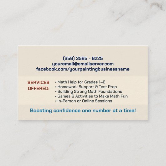 Privé Wiskunde Tutor - Vroege cijfers, elementair Visitekaartje (Achterkant)