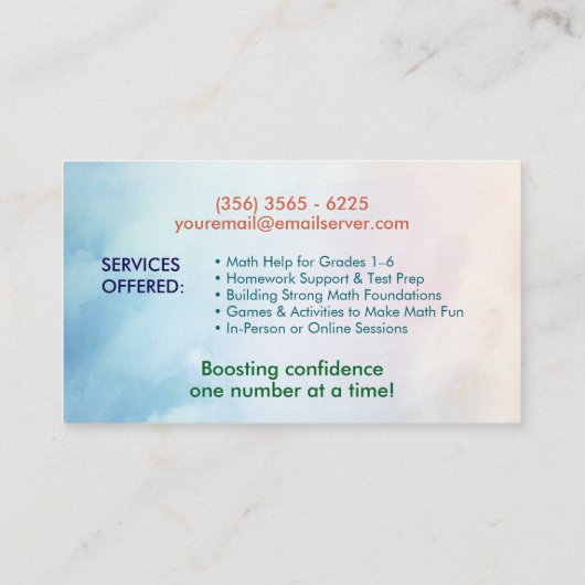 Privé Wiskunde Tutor - Vroege cijfers, elementaire Visitekaartje (Achterkant)
