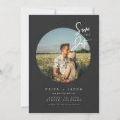 PRIYA Black Round Photo Save the Date Invitation Kaart (Voorkant)
