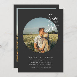 PRIYA Black Round Photo Save the Date Invitation Kaart