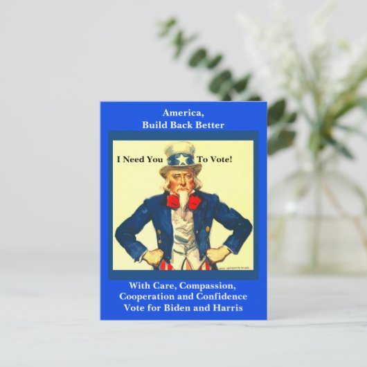 Pro Biden en Harris,  oom Sam, liberaal Briefkaart (Staand voorkant)
