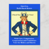 Pro Biden en Harris, oom Sam, liberaal Briefkaart (Voorkant)