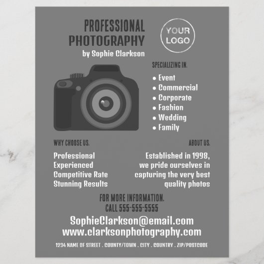 Pro-camerapictogram, fotograaf, fotografische hire flyer (Voorkant)