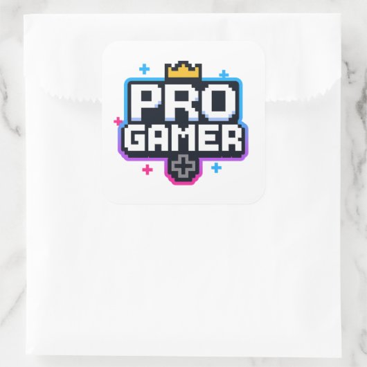 PRO GAMER — Pixel Art 8-bits badge Vierkante Sticker (Tas)