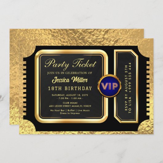 PRO Golden Party Ticket Uitnodiging (Voorkant / Achterkant)
