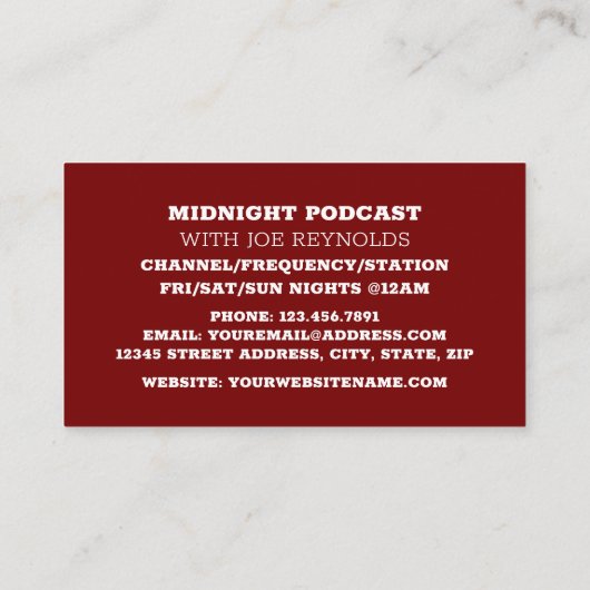 Pro-microfoon, poocaster, podcast visitekaartje (Achterkant)