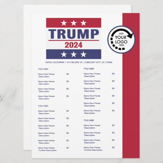 Pro Trump 2024 Logo Restaurant Afhaalmenu Menu (Voorkant / Achterkant)