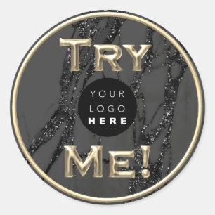 Probeer me Logo Gold Tester Sample Container Black Ronde Sticker