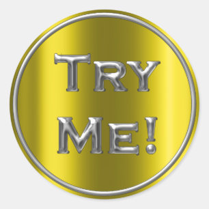 Probeer me mosterdgeel grijs tester monster contai ronde sticker