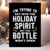 Proberen in de feeststemming te komen fles grappig feestdagen kaart
