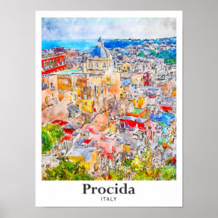 Procida Italië Reizen Waterverf Schets Hand geteke Poster