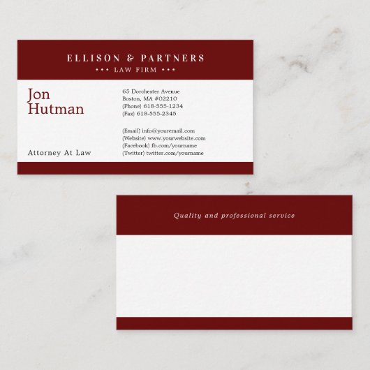 Procureur bij wet | Elegant Plain Dark Red Visitekaartje (Voorkant / Achterkant)