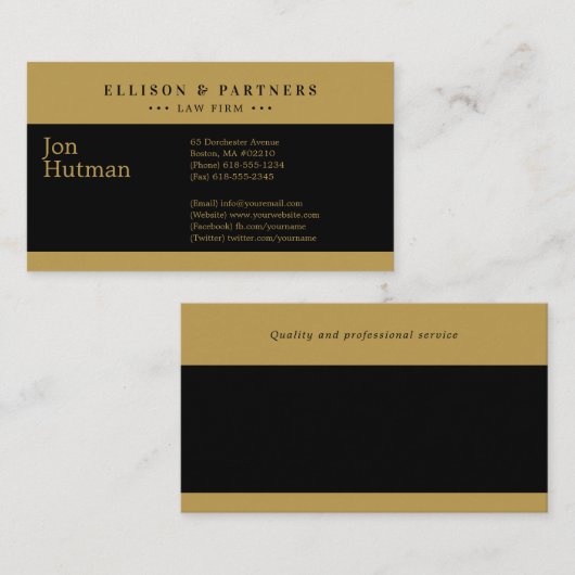 Procureur bij wet | Elegant Plain Gold Black Visitekaartje (Voorkant / Achterkant)