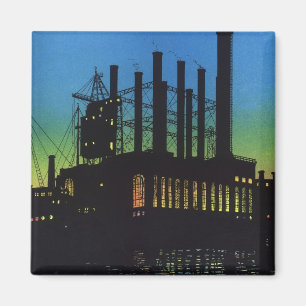 Productiefabriek bij zonsondergang, Vintage Zakeli Magneet