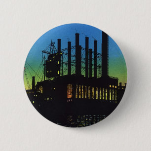 Productiefabriek bij zonsondergang, Vintage Zakeli Ronde Button 5,7 Cm