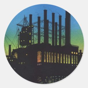 Productiefabriek bij zonsondergang, Vintage Zakeli Ronde Sticker