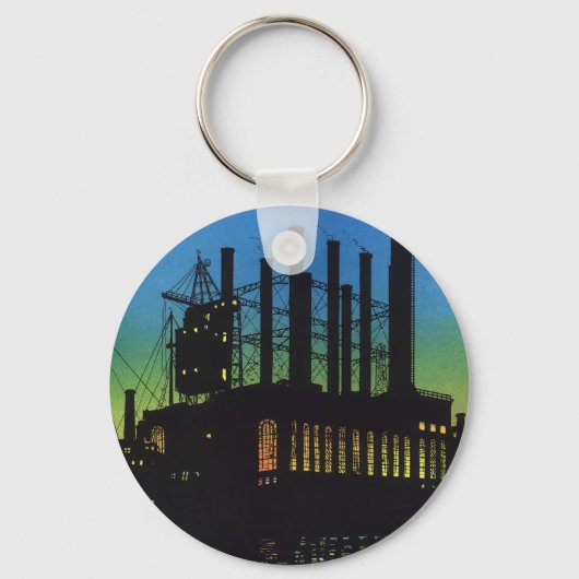 Productiefabriek bij zonsondergang, Vintage Zakeli Sleutelhanger (Voorkant)