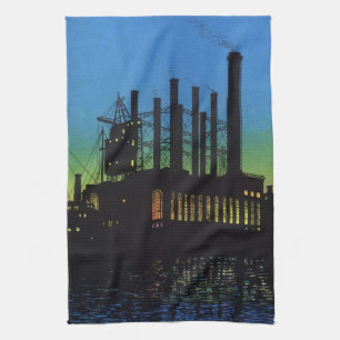 Productiefabriek bij zonsondergang, Vintage Zakeli Theedoek