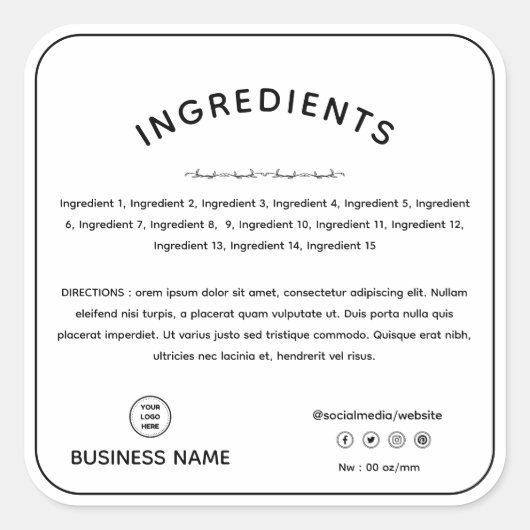 Productingrediënten richting met Logo-etiket Vierkante Sticker (Voorkant)