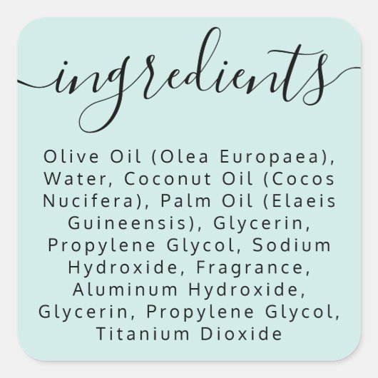Productlabel Aqua blue script ingrediënt lijst Vierkante Sticker (Voorkant)