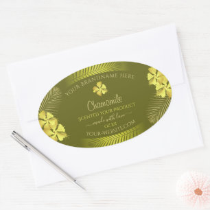 Productlabels gele Hawaiiaanse bloemen op mosterd Ovale Sticker