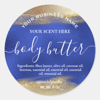 Productlabels voor bodybutter blauw en goud ronde sticker