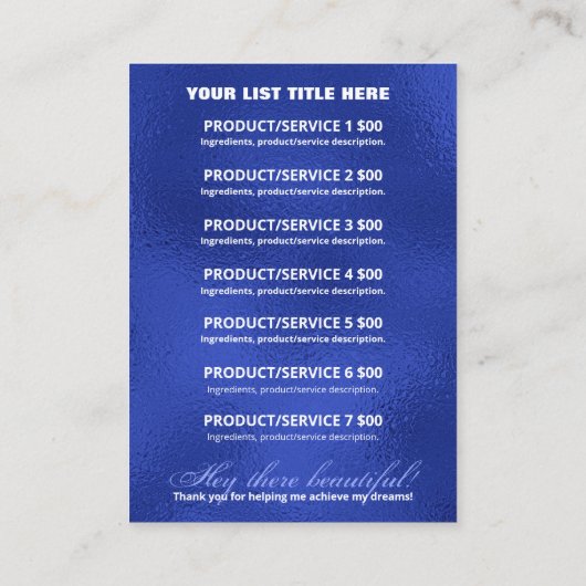 Productprijsingrediënten in zilver en blauw visitekaartje (Achterkant)