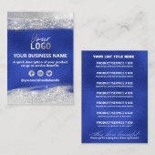 Productprijsingrediënten in zilver en blauw visitekaartje (Voorkant / Achterkant)