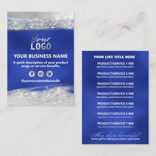 Productprijsingrediënten in zilver en blauw visitekaartje (Voorkant / Achterkant)