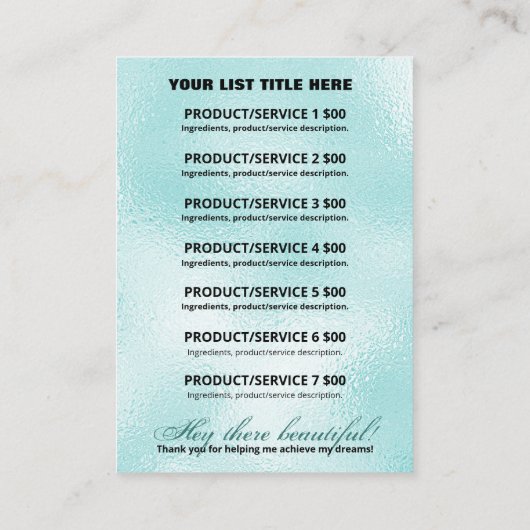 Productprijsingrediënten Lijst Ice Blue en Silver Visitekaartje (Achterkant)