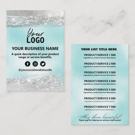 Productprijsingrediënten Lijst Ice Blue en Silver Visitekaartje (Voorkant / Achterkant)
