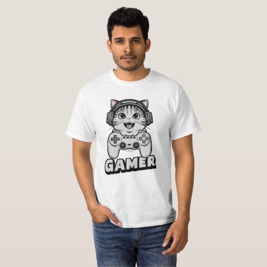 Proef chat en video game mand t-shirt (Voorkant volledig)
