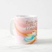 Proef en zie dat de Heer goed is, roze Koffiemok (Voorkant links)