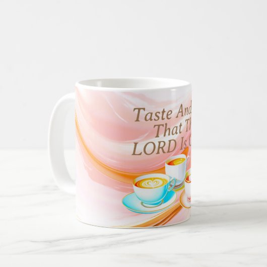 Proef en zie dat de Heer goed is, roze Koffiemok (Voorkant links)