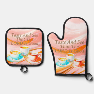 Proef en zie dat de Heer goed is, roze Ovenwant & Pannenlap Set