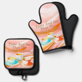 Proef en zie dat de Heer goed is, roze Ovenwant & Pannenlap Set (Voorkant / Achterkant)