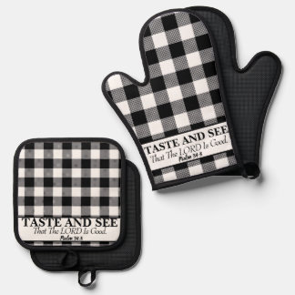 Proef en zie dat de HEER goed is, zwart en wit Ovenwant & Pannenlap Set